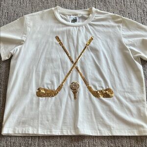 QUEEN OF SPARKLES White Tee with Gold Sequin Hockey Design